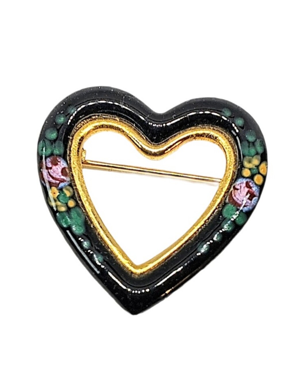 🆕 Vintage Black Cloisonne Enamel Floral Flower Open Heart Shaped Brooch Pin